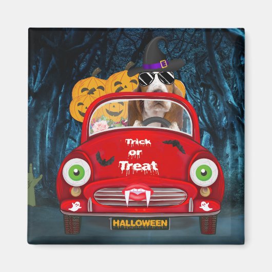 Basset Hound Dog Driving Car Scary Halloween Magneet (Voorkant)