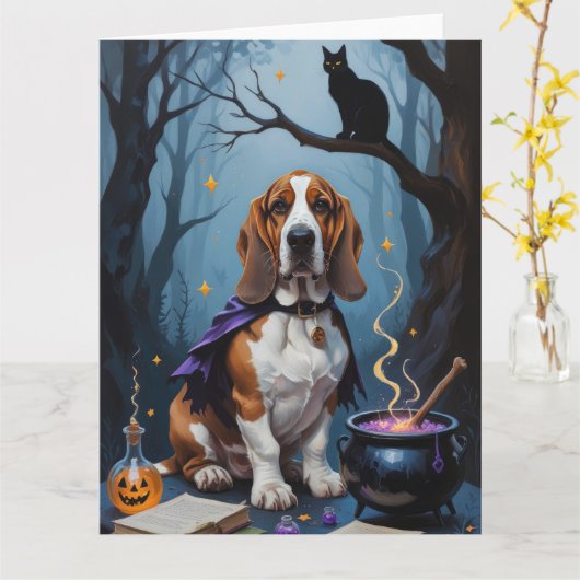 Basset Hound Dog grillig Halloween schilderij Kaart (Gele Bloem)