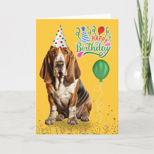 Basset Hound Dog in een Party Pet Verjaardag Kaart (Voorkant)