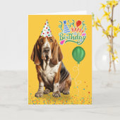 Basset Hound Dog in een Party Pet Verjaardag Kaart (Gele Bloem)