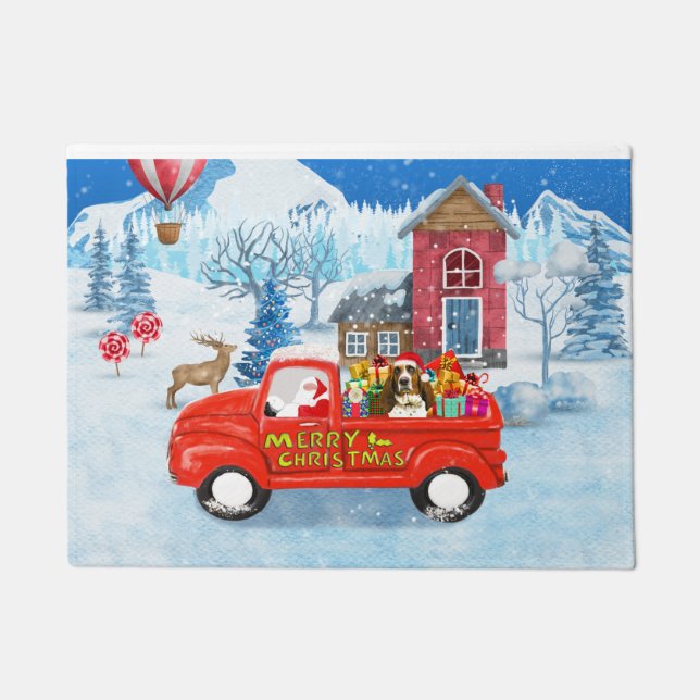Basset Hound Dog in kerstcadeau Truck Snow Deurmat (Voorkant)