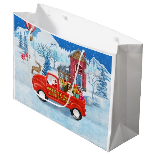 Basset Hound Dog in kerstcadeau Truck Snow Groot Cadeauzakje (Voorkant Gekanteld)