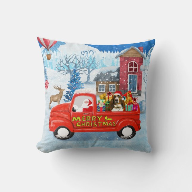 Basset Hound Dog in kerstcadeau Truck Snow Kussen (Voorkant)