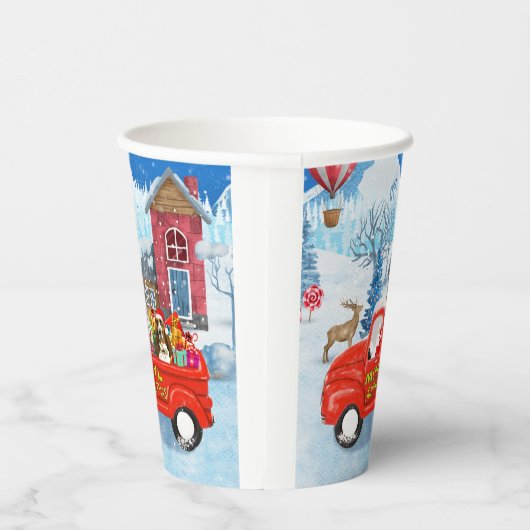 Basset Hound Dog in kerstcadeau Truck Snow Papieren Bekers (Rechts)