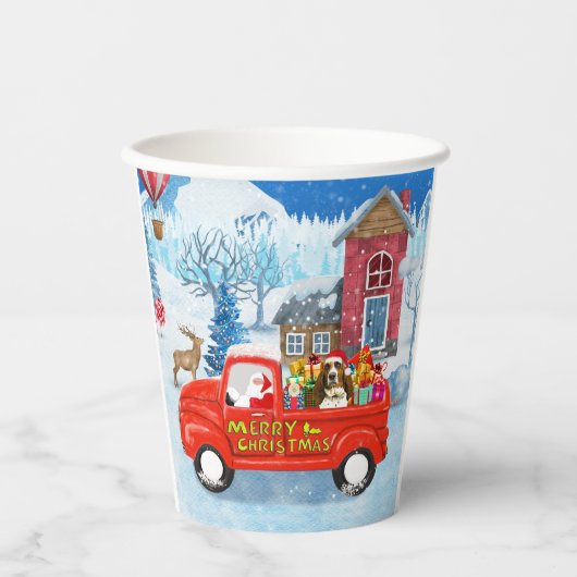 Basset Hound Dog in kerstcadeau Truck Snow Papieren Bekers (Voorkant)