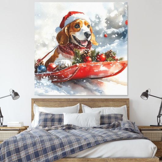Basset Hound Dog in Sledge Let It Snow Christmas Canvas Afdruk (Insitu (Slaapkamer))
