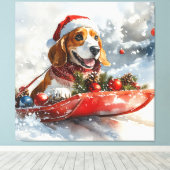 Basset Hound Dog in Sledge Let It Snow Christmas Canvas Afdruk (Insitu (Houten vloer))