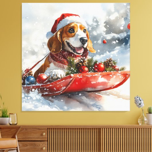 Basset Hound Dog in Sledge Let It Snow Christmas Canvas Afdruk (Insitu (Woonkamer))