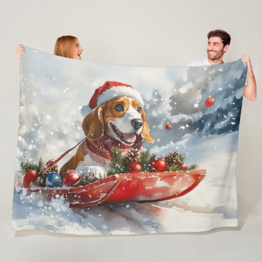 Basset Hound Dog in Sledge Let It Snow Christmas Fleece Deken (In situ)