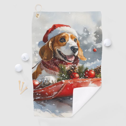Basset Hound Dog in Sledge Let It Snow Christmas Golfhanddoek (Insitu)