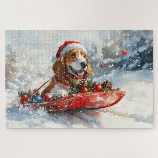 Basset Hound Dog in Sledge Let It Snow Christmas Legpuzzel (Horizontaal)
