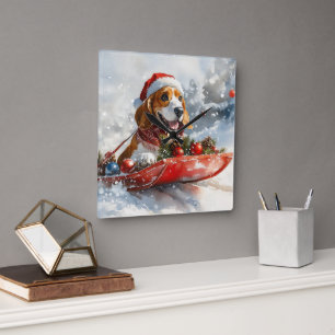 Basset Hound Dog in Sledge Let It Snow Christmas Vierkante Klok