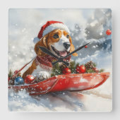 Basset Hound Dog in Sledge Let It Snow Christmas Vierkante Klok (Voorkant)