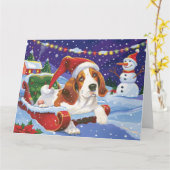 Basset Hound Dog in Sleigh Snow Kerstmis Kaart (Gele Bloem)