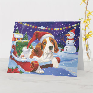 Basset Hound Dog in Sleigh Snow Kerstmis Kaart