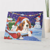 Basset Hound Dog in Sleigh Snow Kerstmis Kaart (Voorkant)