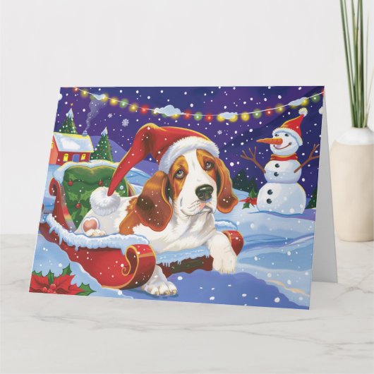 Basset Hound Dog in Sleigh Snow Kerstmis Kaart (Voorkant)