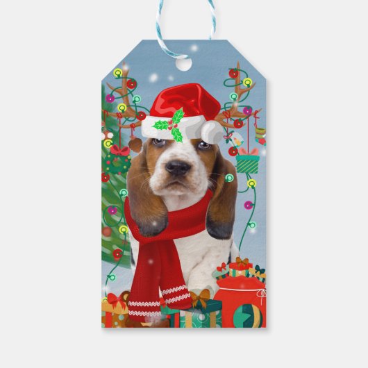 Basset Hound Dog in sneeuw met kerstcadeautjes Cadeaulabel (Achterkant)