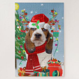 Basset Hound Dog in sneeuw met kerstcadeautjes Legpuzzel