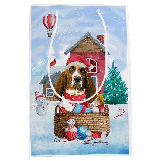 Basset Hound Dog in sneeuwkersthondenhuis Medium Cadeauzakje (Voorkant)