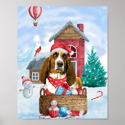 Basset Hound Dog in sneeuwkersthondenhuis Poster (Voorkant)