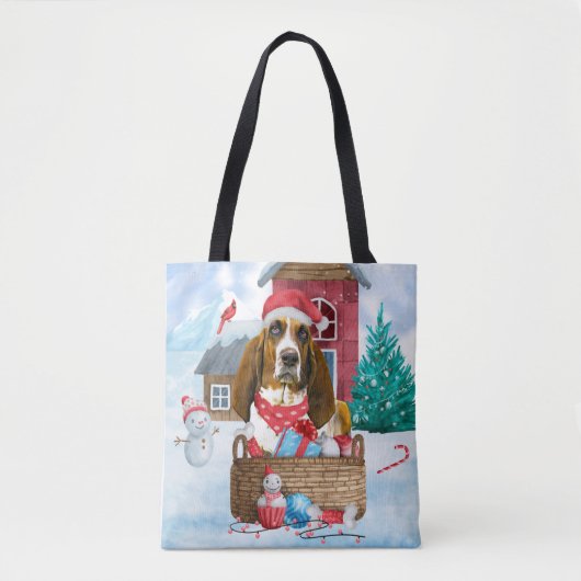 Basset Hound Dog in sneeuwkersthondenhuis Tote Bag (Voorkant)