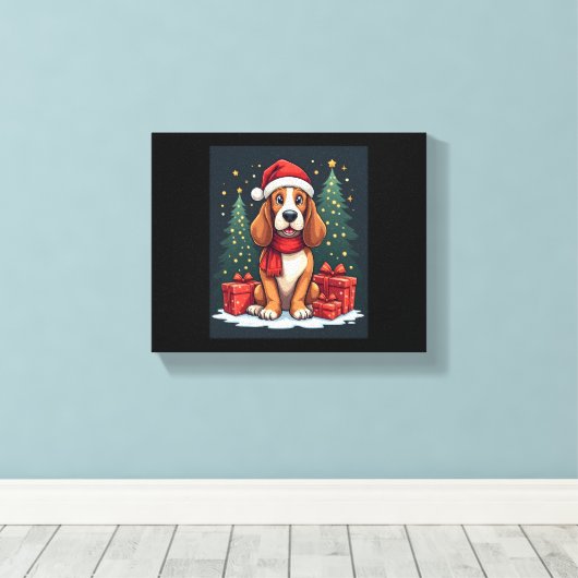 Basset Hound Dog Kerstfeesten Santa Hondenliefhebb Canvas Afdruk (Insitu (Houten vloer))