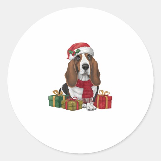 Basset Hound Dog Kerstfeesten Santa Hondenliefhebb Ronde Sticker (Voorkant)
