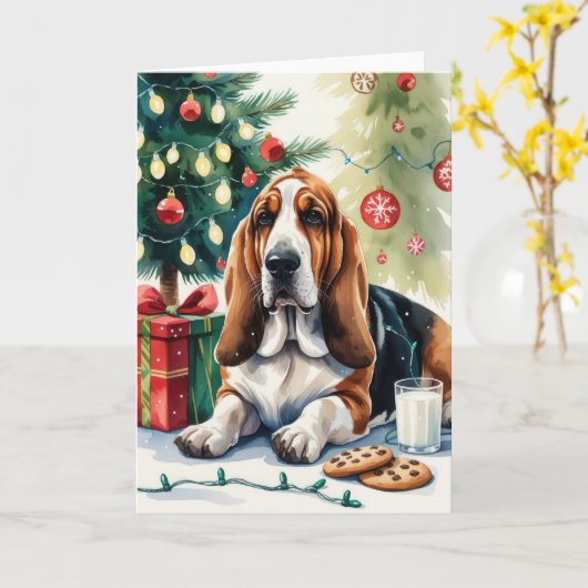 Basset Hound Dog Kerstgroet Kaart (Gele Bloem)