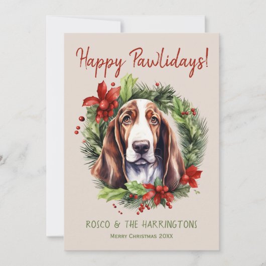Basset Hound Dog Kerstmis Gelukkige Pawholidays Feestdagenkaart (Voorkant)