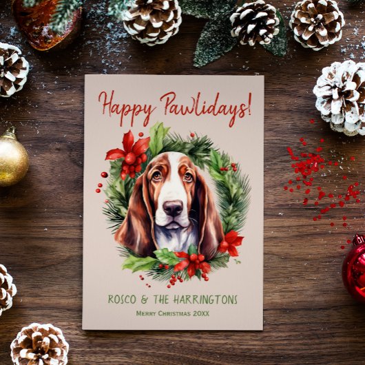 Basset Hound Dog Kerstmis Gelukkige Pawholidays Feestdagenkaart