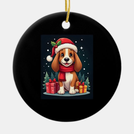 Basset Hound Dog Kerstoutfits Santa Hat Dog X Keramisch Ornament (Voorkant)