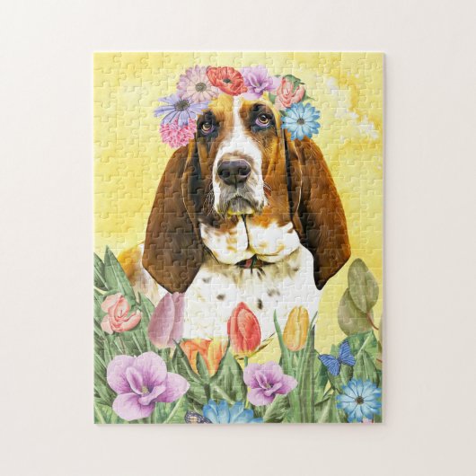 Basset Hound Dog met Flowers Spring Legpuzzel (Verticaal)