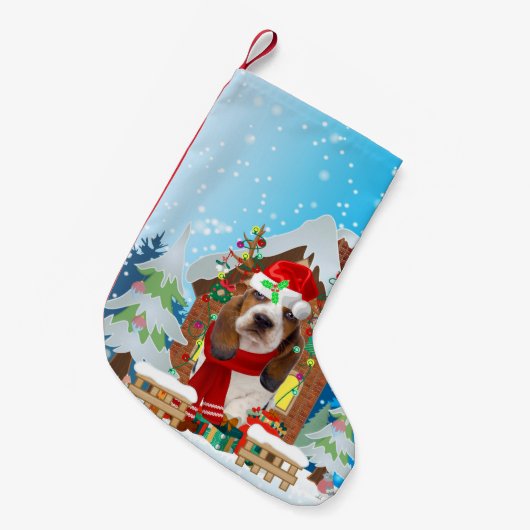 Basset Hound dog met kerstcadeaus Kleine Kerstsok (Voorkant (Hangend))