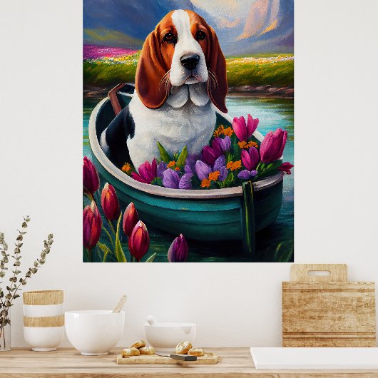 Basset Hound Dog op een peddel: Een Schilderachtig Poster (Keuken)