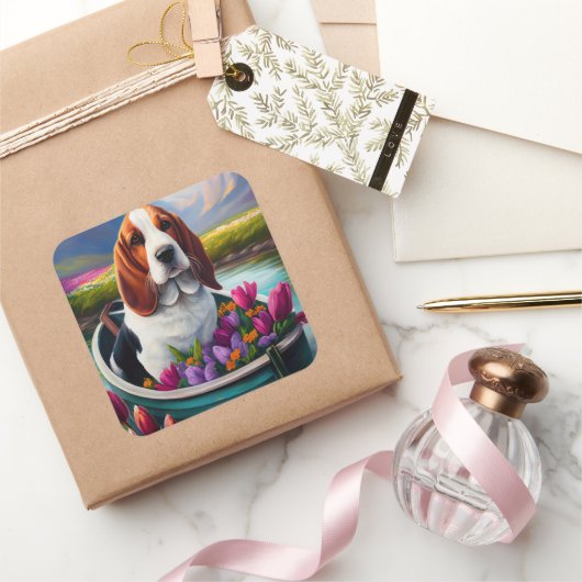 Basset Hound Dog op een peddel: Een Schilderachtig Vierkante Sticker (Geschenken)