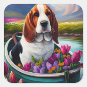 Basset Hound Dog op een peddel: Een Schilderachtig Vierkante Sticker (Voorkant)