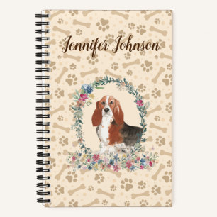 Basset Hound Dog Paw Print & Floral Cute Notitiebo Notitieboek