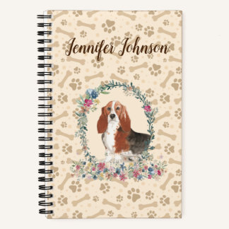 Basset Hound Dog Paw Print & Floral Cute Notitiebo Notitieboek