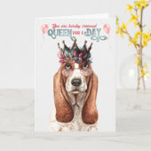 Basset Hound Dog Queen voor een dag grappige verja Kaart (Gele Bloem)