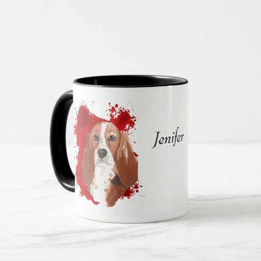 Basset Hound Dog Red Abstracte achtergrond Mok (Voorkant links)