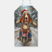 Basset Hound Dog Riding Motorcycle Kerstmis Cadeaulabel (Voorkant)