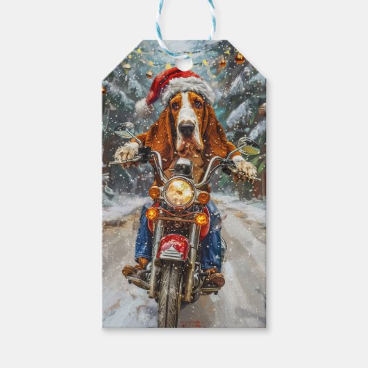 Basset Hound Dog Riding Motorcycle Kerstmis Cadeaulabel (Voorkant)