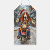 Basset Hound Dog Riding Motorcycle Kerstmis Cadeaulabel (Achterkant)