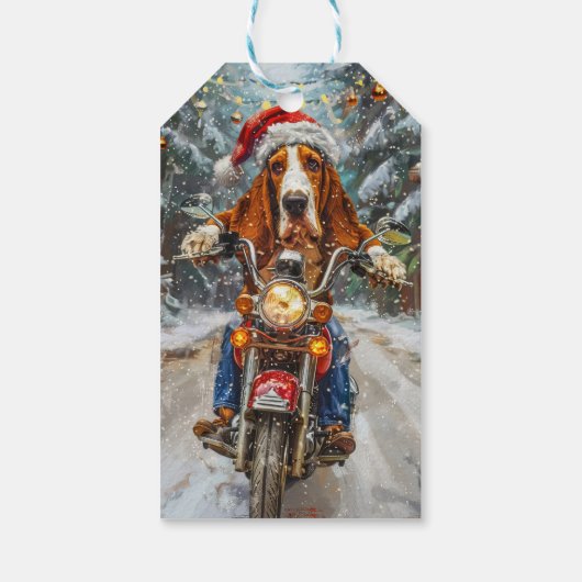 Basset Hound Dog Riding Motorcycle Kerstmis Cadeaulabel (Achterkant)