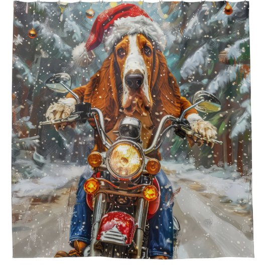 Basset Hound Dog Riding Motorcycle Kerstmis Douchegordijn (Voorkant)