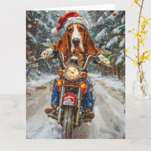 Basset Hound Dog Riding Motorcycle Kerstmis Kaart