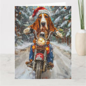 Basset Hound Dog Riding Motorcycle Kerstmis Kaart (Voorkant)