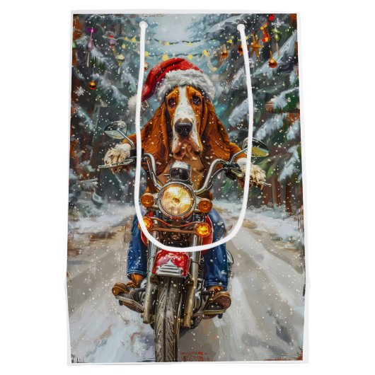 Basset Hound Dog Riding Motorcycle Kerstmis Medium Cadeauzakje (Achterkant)