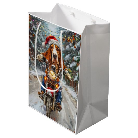 Basset Hound Dog Riding Motorcycle Kerstmis Medium Cadeauzakje (Achterkant Gekanteld)